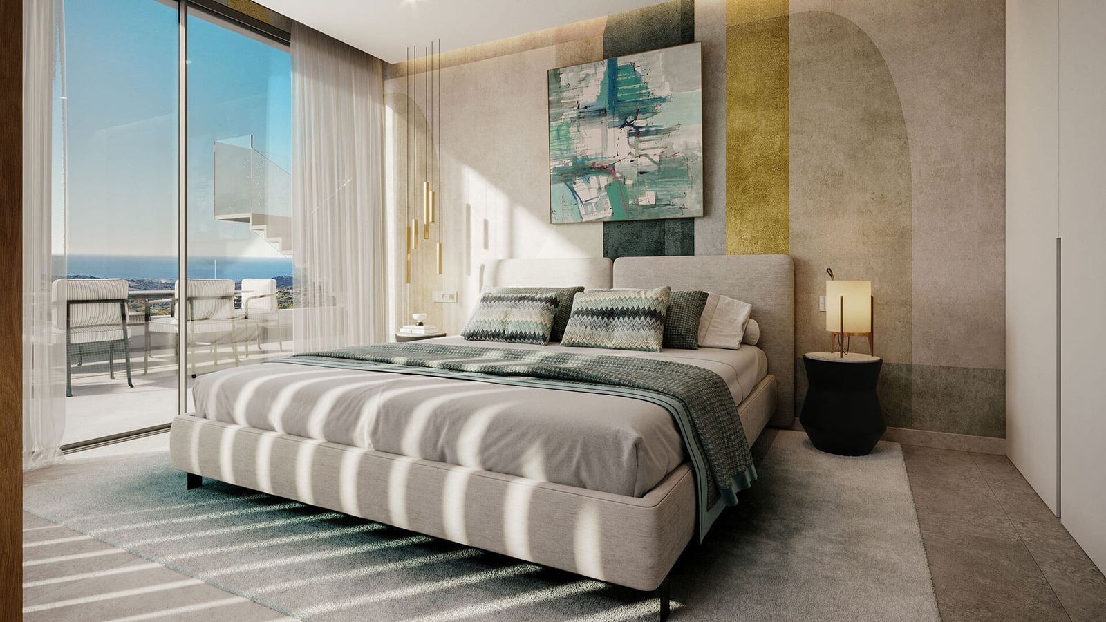Moderne soveværelse med havudsigt, stor seng, abstrakt kunst og balkon.