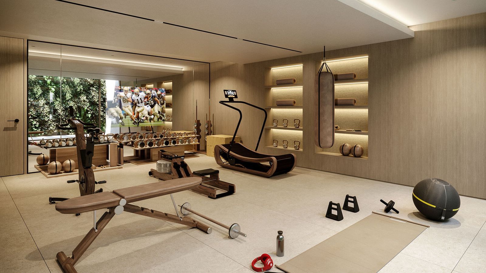 Modernes Heimfitnessstudio mit großen Fenstern, Fitnessgeräten und Blick auf Grünanlagen.