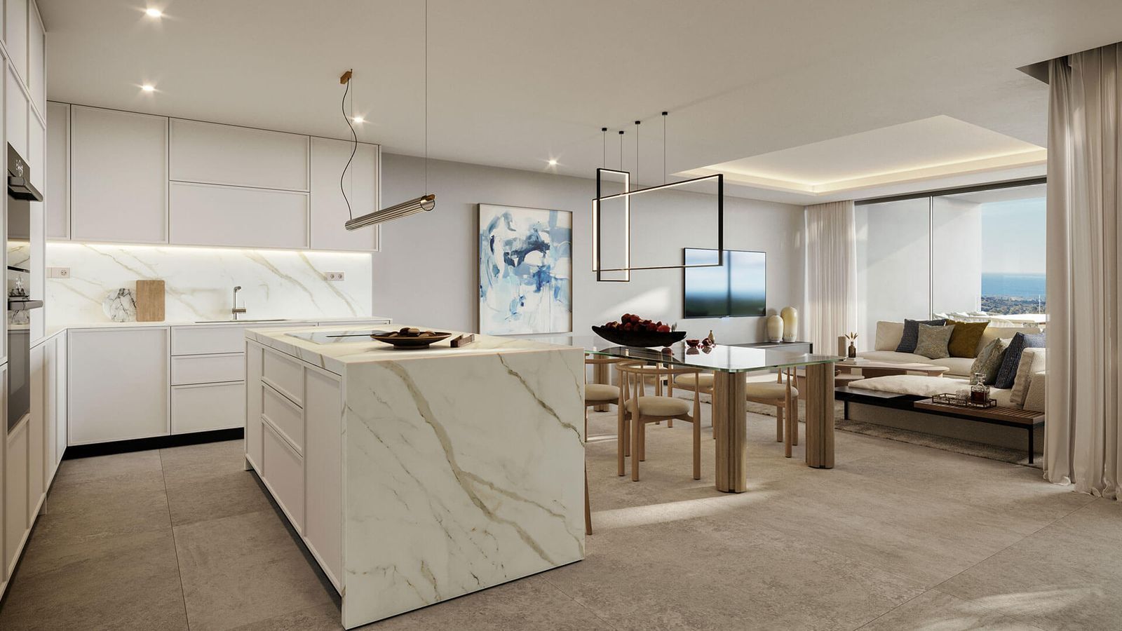 Modernes Wohnzimmer mit offenem Grundriss, Stadtblick, Marmorkücheninsel und minimalistischem Dekor.