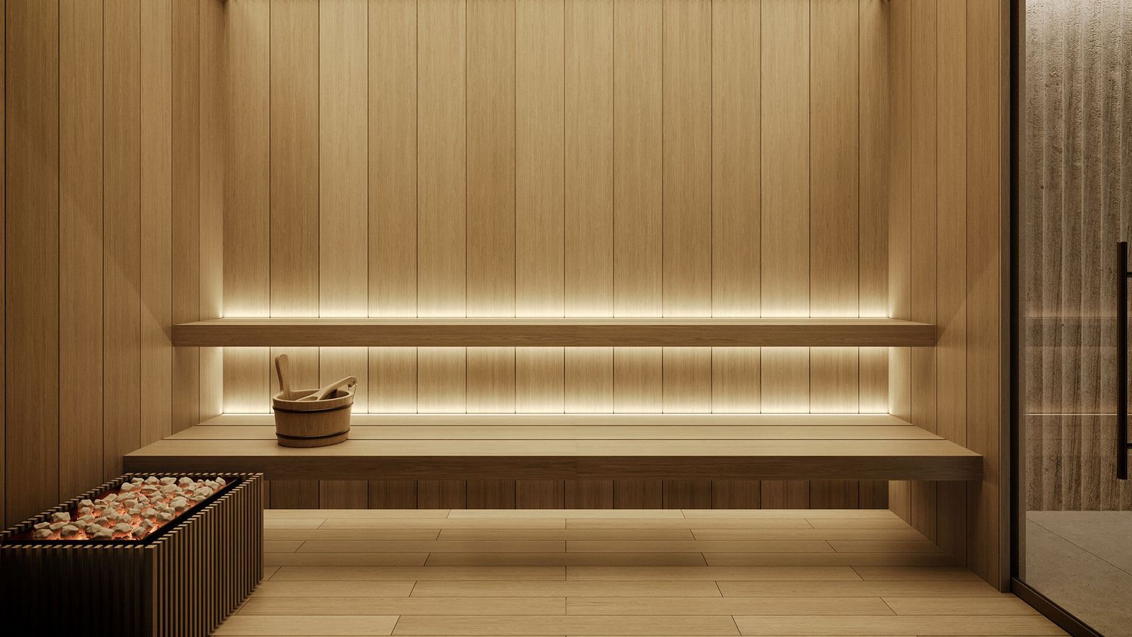 Minimalistische Sauna mit Holzbänken, sanfter Beleuchtung und einem Korb mit Handtüchern.